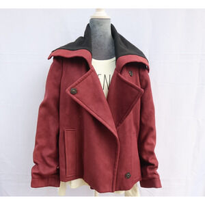 L'Agence Burgundy Fleece with Black Collar Notch Lapel Double-Breasted Sz XL US